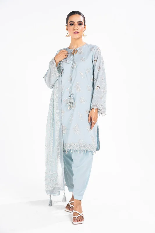 4 Pc Embroidered Lawn Shirt With Poly Chiffon Printed Dupatta-- Hooded Caped Shawl Collar