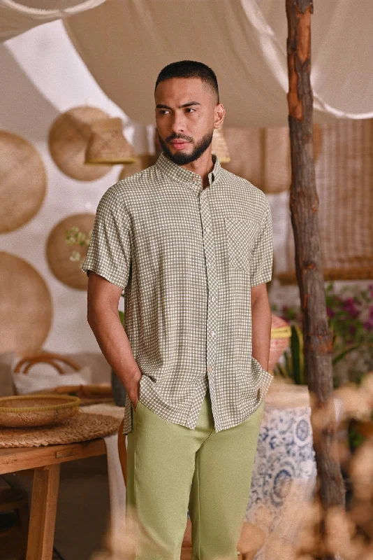 The Hening Men Batik Shirt - Green Checked-- Front Pockets Side Pockets Patch Pockets