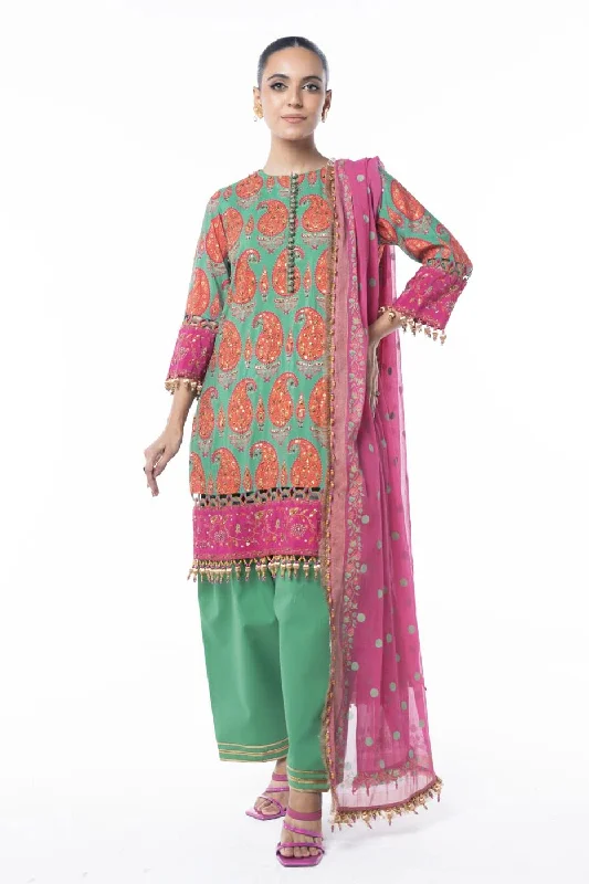 Three Piece Embroidered Cotton Silk Shirt with Poly Chiffon Dupatta-- Fashionable Trendy Casual