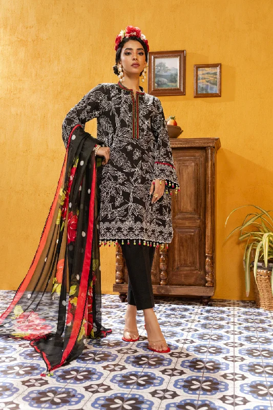 3 Pc Printed Light Cambric Shirt With Printed Silk Dupatta-- Thin T-Shirt Open Front Quick Dry