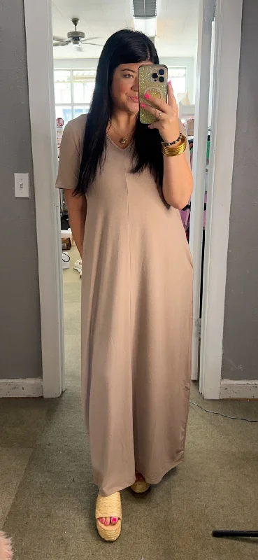 Beige T-Shirt Maxi-- Welt Pockets Slit Pockets Flap Pockets
