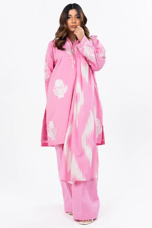 3 Pc Dyed Embroidered Light Cambric Shirt With Printed Chiffon Dupatta-- Spandex Blend Rayon Blend Denim Blend