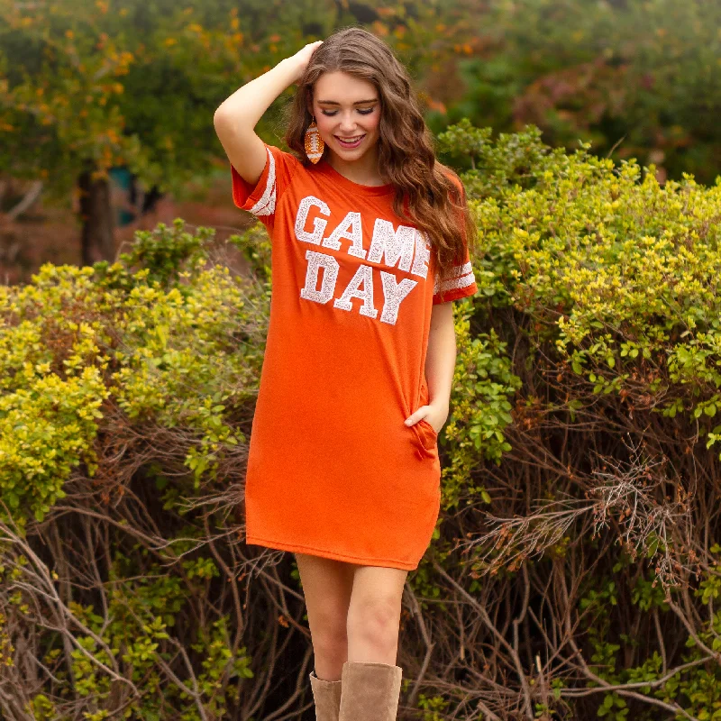 10719 - Game Day Sequin T Shirt Dress with Pockets - Orange-- Rayon Fabric Velvet Fabric Corduroy Fabric