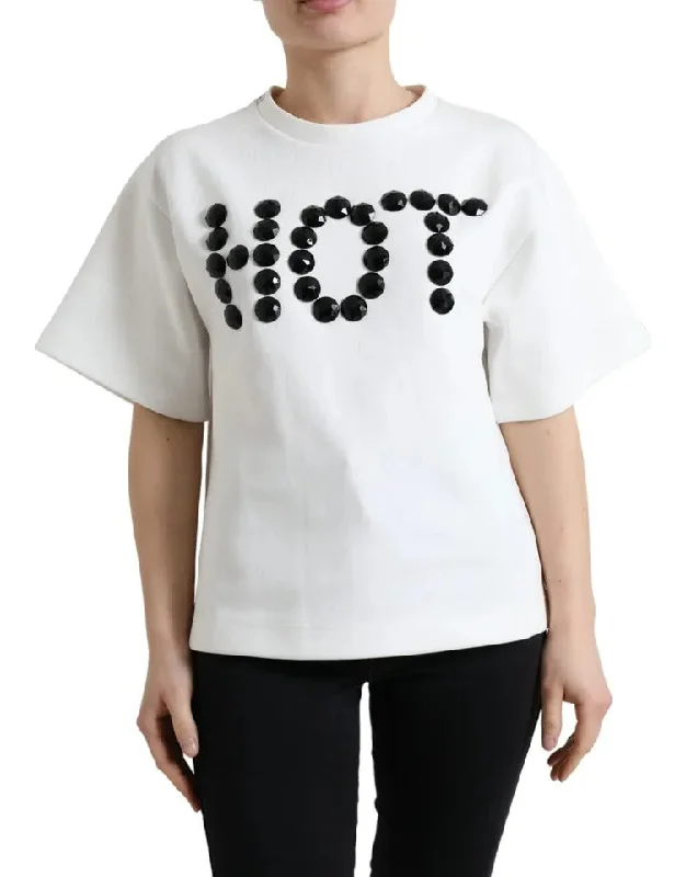 Dolce & Gabbana  Cotton Stretch  HOT Crystal Women's T-shirt (Pre-Owned)-- Notch Collar Peter Pan Collar Cowl Neck