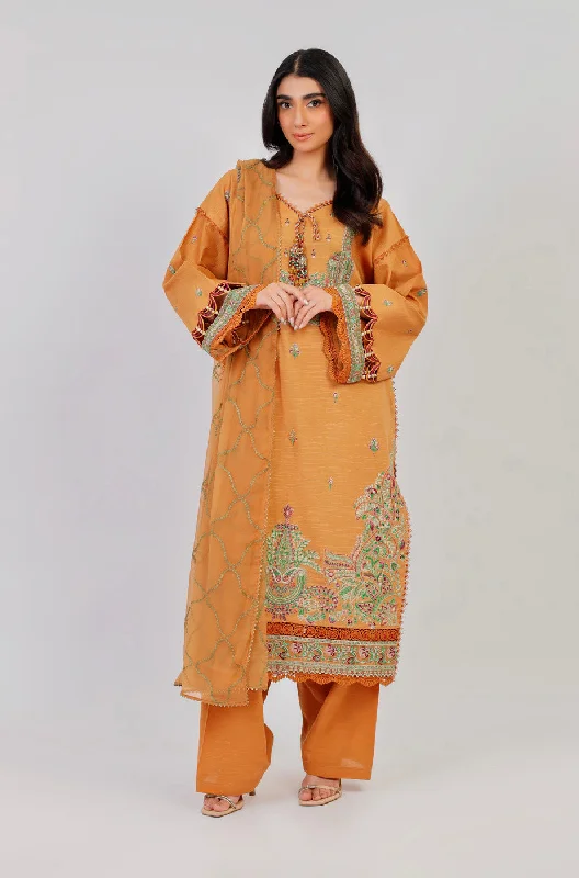 3 Pc Embroidered Khaddar Shirt With Chiffon Dupatta-- Notch Collar Peter Pan Collar Cowl Neck