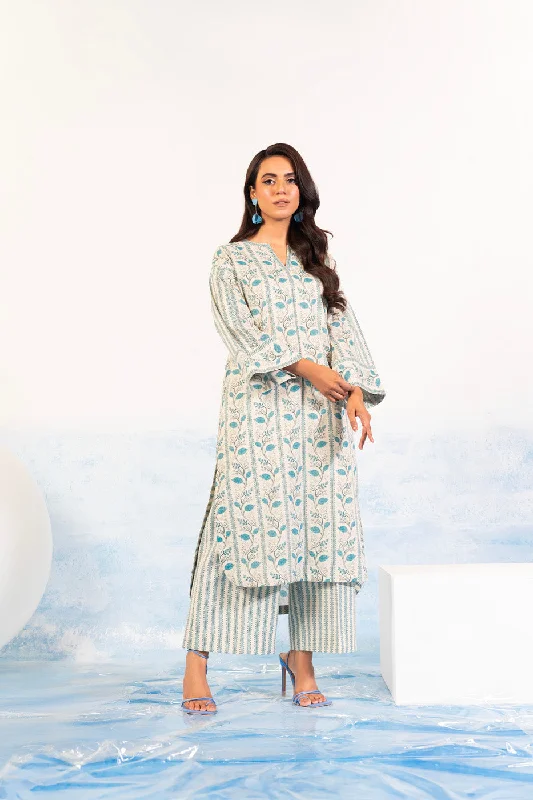 2 Pc Printed Silver Lawn Shirt With Cambric Trouser-- Striped Floral Plaid
