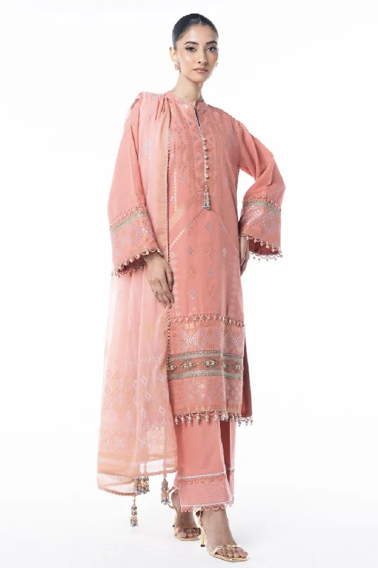 Three Piece Embroidered Jacquard Shirt with Printed Poly Chiffon Dupatta-- Beaded Sequined Faux Fur