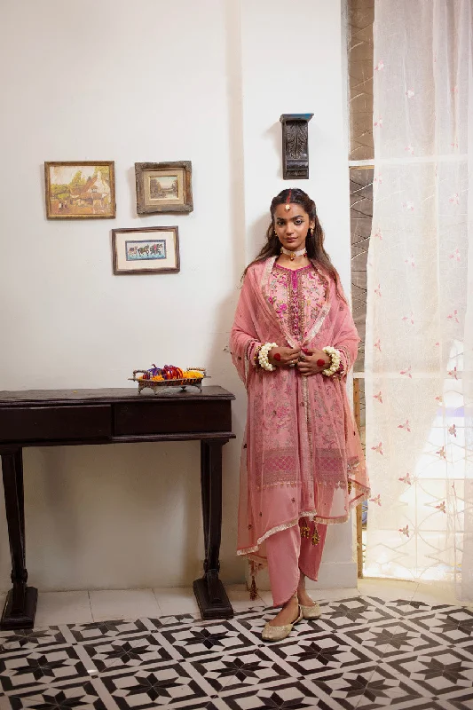 Three Piece Embroidered Cotton Satin Shirt with Dyed Polynet Dupatta-- Thin T-Shirt Open Front Quick Dry