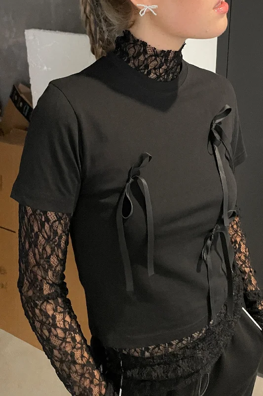 CROPPED T-SHIRT WITH BOW TIES-- Hooded Caped Shawl Collar