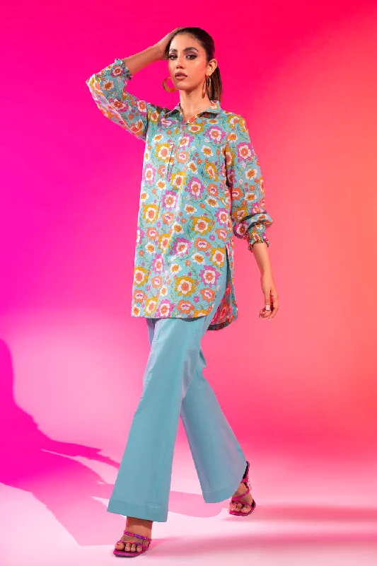 1 Pc Printed Silver Lawn Shirt -- Striped Floral Plaid