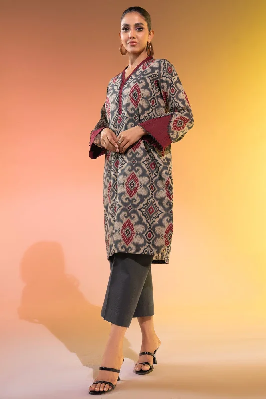 1 Pc Printed Silver Lawn Shirt -- Silk Blend Satin Velvet