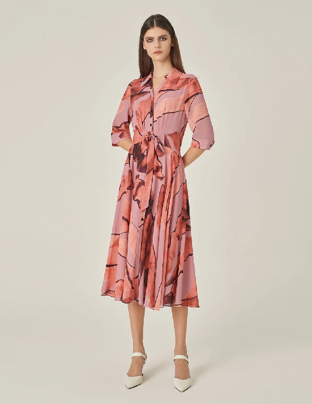 MARYLING 3/4 Sleeve Swing Print Shirt Dress-- Collared Crew Neck Turtle Neck