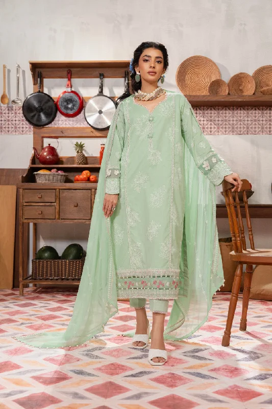 3 Pc Printed Light Cambric Shirt With Dyed Embroidered Chiffon Dupatta-- Graphic T-Shirt Round Neck Polyester