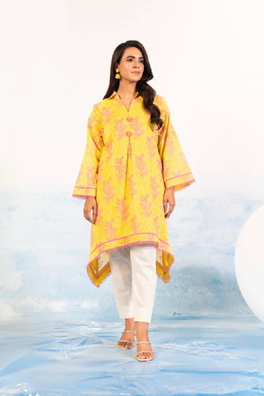 1 Pc Printed Silver Lawn Shirt -- Hooded Caped Shawl Collar