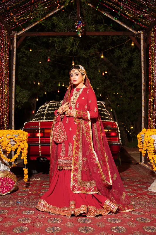 Three Piece Embroidered Thick Cambric Shirt with Block Print Dupatta-- Handmade Hand-knitted Hand-woven