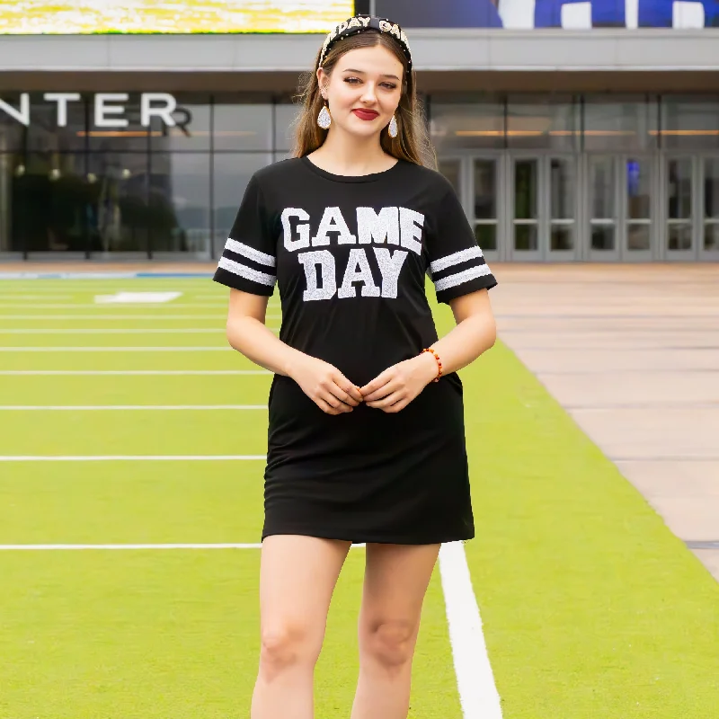 10719 - Game Day Sequin T Shirt Dress with Pockets - Black-- Fleece Fabric Down Fabric Feather Fabric