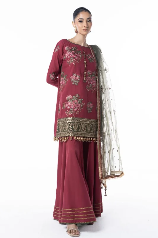 Three Piece Embroidered Cotton Satin Shirt with Dyed Polynet Dupatta-- Anti-Pilling Machine Wash Handmade