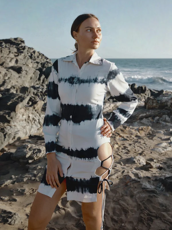 Tie-Dye Cutout Shirt Dress-- Notch Collar Peter Pan Collar Cowl Neck