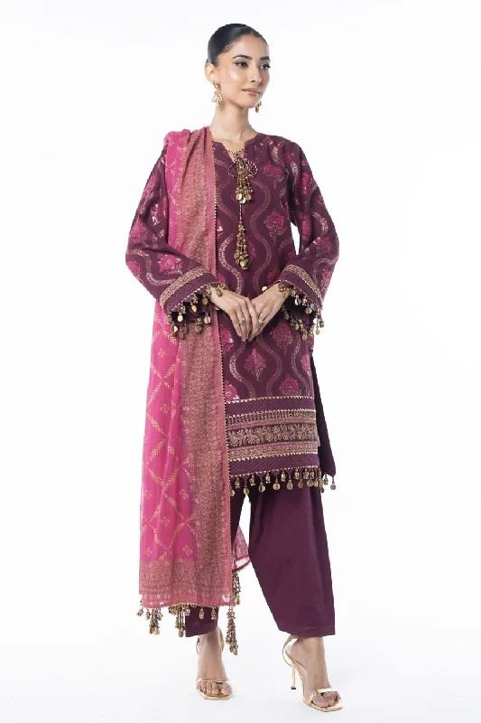 Three Piece Embroidered Jacquard Shirt with Printed Poly Chiffon Dupatta-- Graphic Embroidered Appliqued