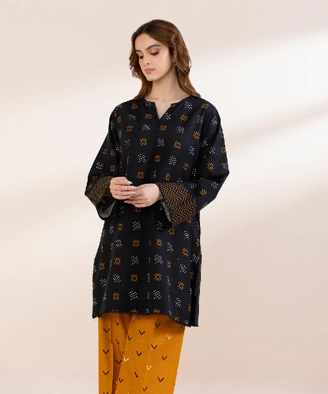 Printed Light Khaddar Shirt-- Real Fur Shearling Chenille