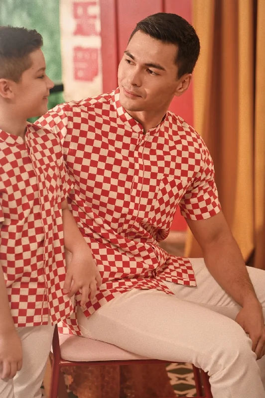 The Spring Dawn Men Mandarin Shirt - Checkerboard-- V-Neck T-Shirt Long Sleeve Cotton