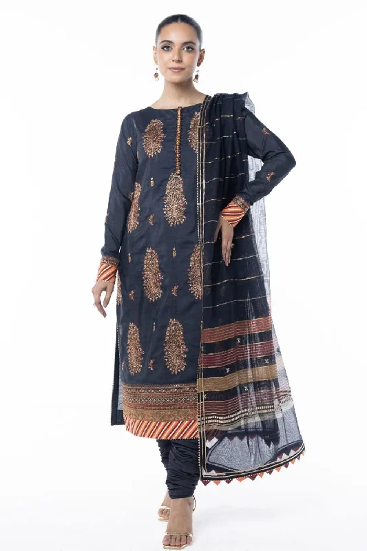 Three Piece Embroidered Raw Silk Slub Shirt with Yarn Dyed Dupatta-- Anti-Shrink Durable Soft