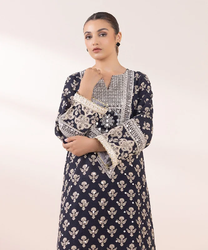 Embroidered Khaddar Shirt-- Zippered Front Buttoned Front Snap Front
