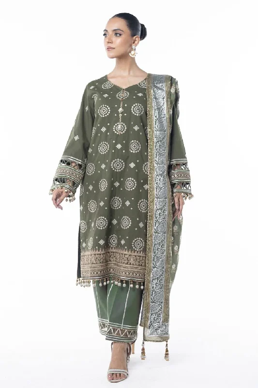 Three Piece Embroidered Thick Cambric Shirt with Block Print Dupatta-- Mesh Canvas Denim