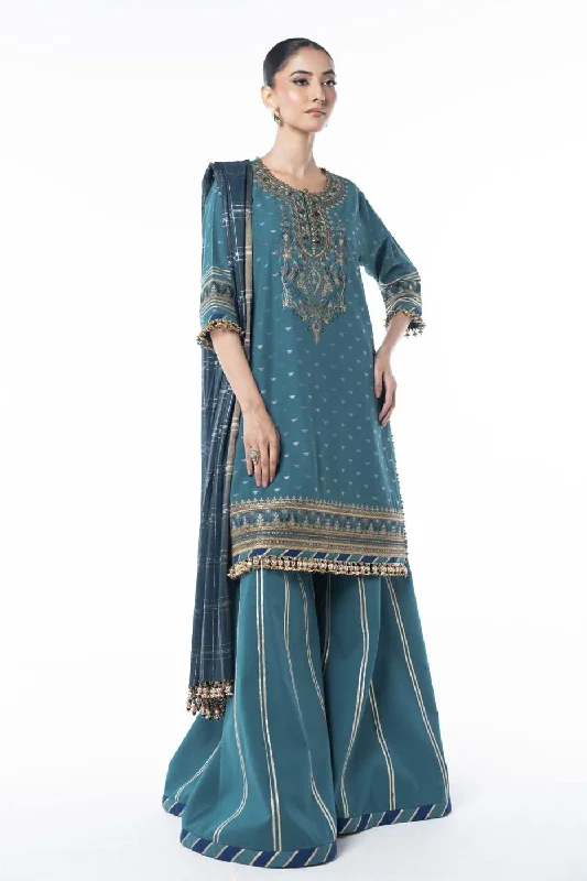 Three Piece Embroidered Jacquard Lurex Shirt with Zari Jacquard Dupatta-- Hooded Caped Shawl Collar