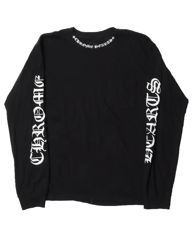 Collar Logo Long Sleeve T-Shirt-- Solid Print Embellished