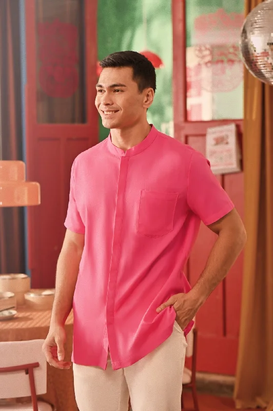 The Spring Dawn Men Mandarin Shirt - Fuchsia Pink-- Anti-Shrink Durable Soft