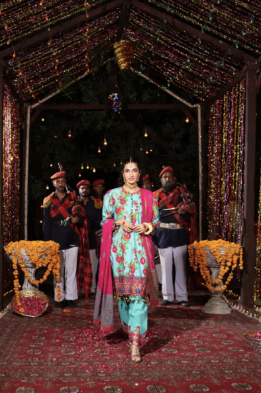 Three Piece Embroidered Cotton Silk  Shirt with Poly Chiffon Dupatta-- Cozy Warm Stylish