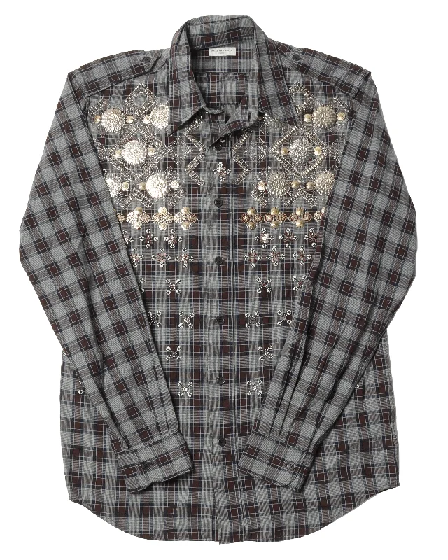 Studded Button Down Shirt-- Spandex Blend Rayon Blend Denim Blend
