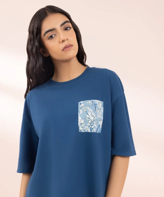 T-shirt with Printed Pocket-- Hooded Caped Shawl Collar