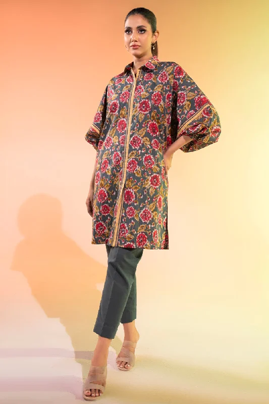 1 Pc Printed Silver Lawn Shirt -- Collared Crew Neck Turtle Neck