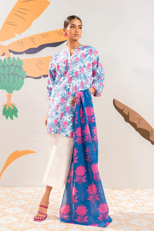 2 Pc Printed Cambric Shirt With Lawn Dupatta-- Thin T-Shirt Open Front Quick Dry