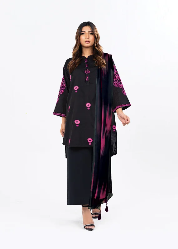 3 Pc Dyed Embroidered Light Cambric Shirt With Printed Chiffon Dupatta-- Striped Floral Plaid