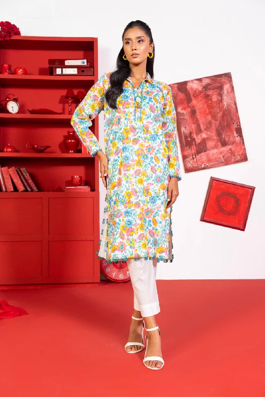 1 Pc Printed Lawn Shirt-- Collared T-Shirt Boat Neck A-Line
