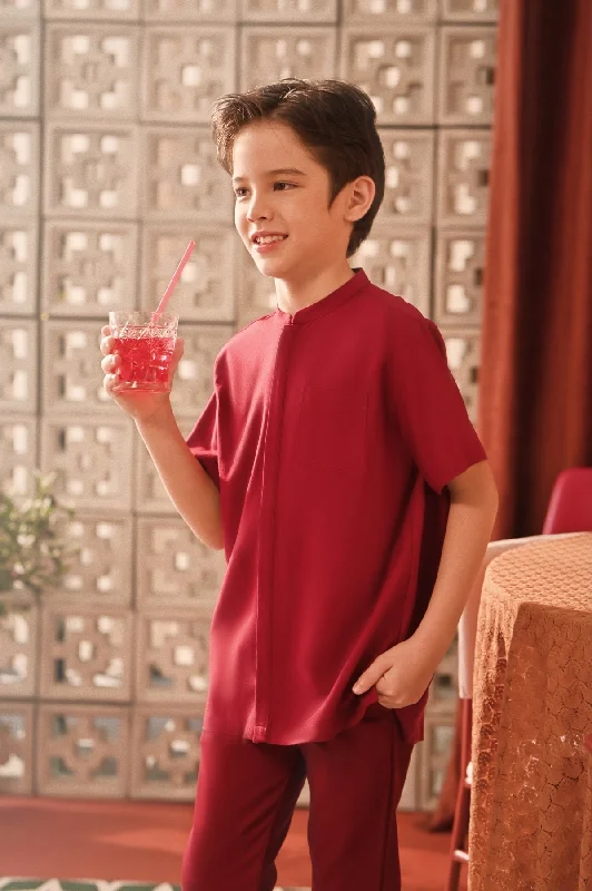 The Spring Dawn Mandarin Shirt - Maroon-- Nylon Fabric Polyester Fabric Spandex Fabric