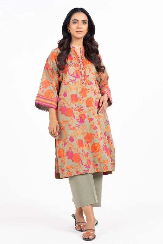1 Pc Printed Silver Lawn Shirt -- Striped Floral Plaid