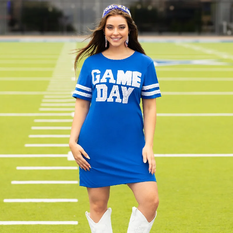10719 - Game Day Sequin T Shirt Dress with Pockets - Royal Blue-- Nylon Fabric Polyester Fabric Spandex Fabric