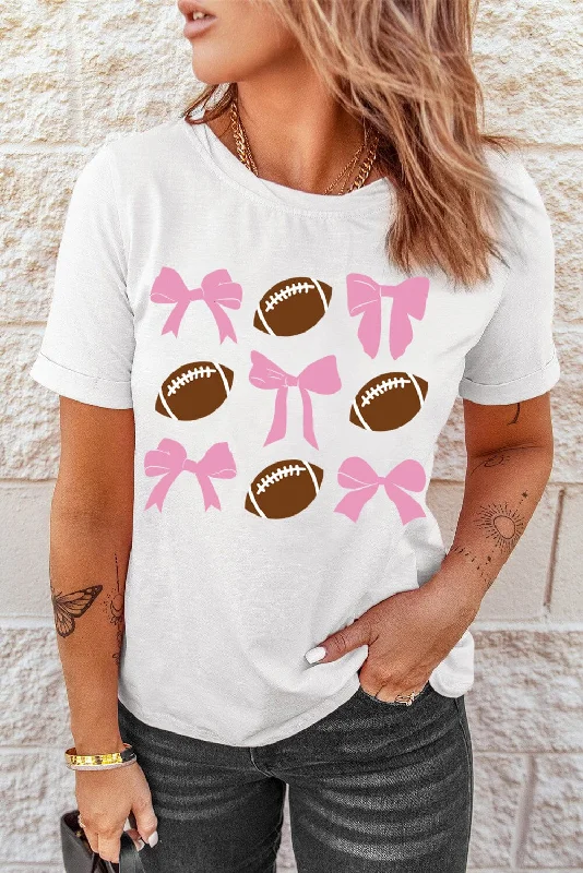 Football & Bow Round Neck Short Sleeve T-Shirt-- Mesh Blend Leather Blend Suede Blend