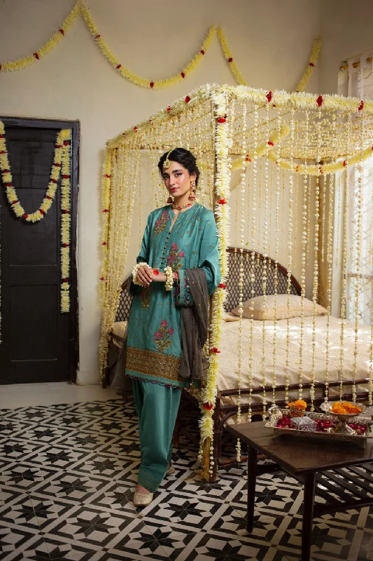 Three Piece Embroidered Cotton Satin Shirt with Dyed Polynet Dupatta-- Ribbed T-Shirt High Neck Heavyweight