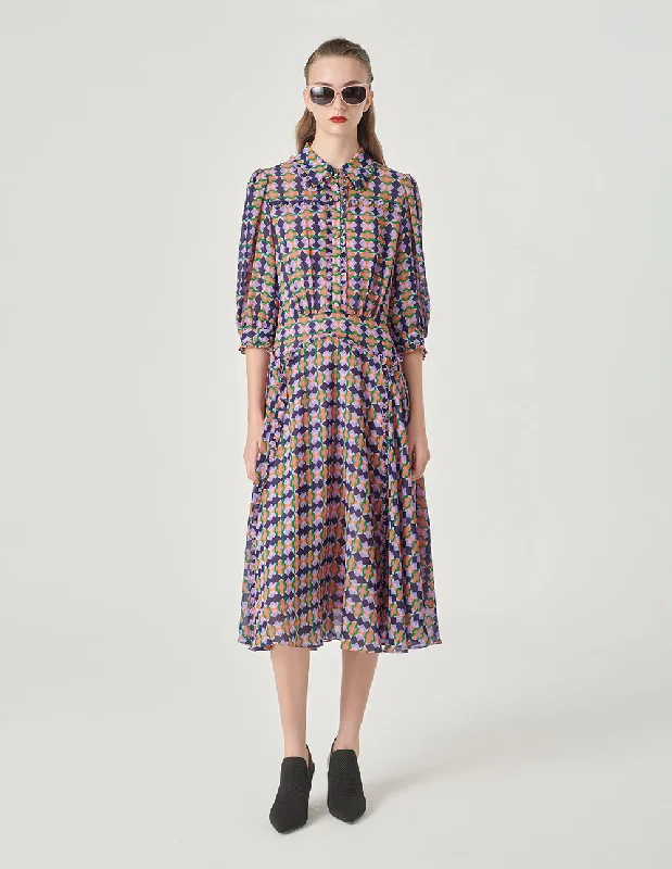 MARYLING Georgette Plaid Print Shirt Dress-- Casual Formal Business