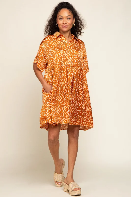 Rust Printed Satin Collared Dress Tunics Satin smooth