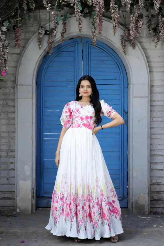Jyoti Fashion Women's White Floral Digital Printed Chinon Anarkali Dress Tunics Designer luxury Jyoti Fashion Women's White Floral Digital Printed Chinon Anarkali Dress Tunics Designer luxury