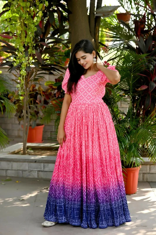 Jyoti Fashion Women's Pink Bandhej Print with Crush Pleating Muslin Anarkali Dress Tunics Short Trendy Jyoti Fashion Women's Pink Bandhej Print with Crush Pleating Muslin Anarkali Dress Tunics Short Trendy