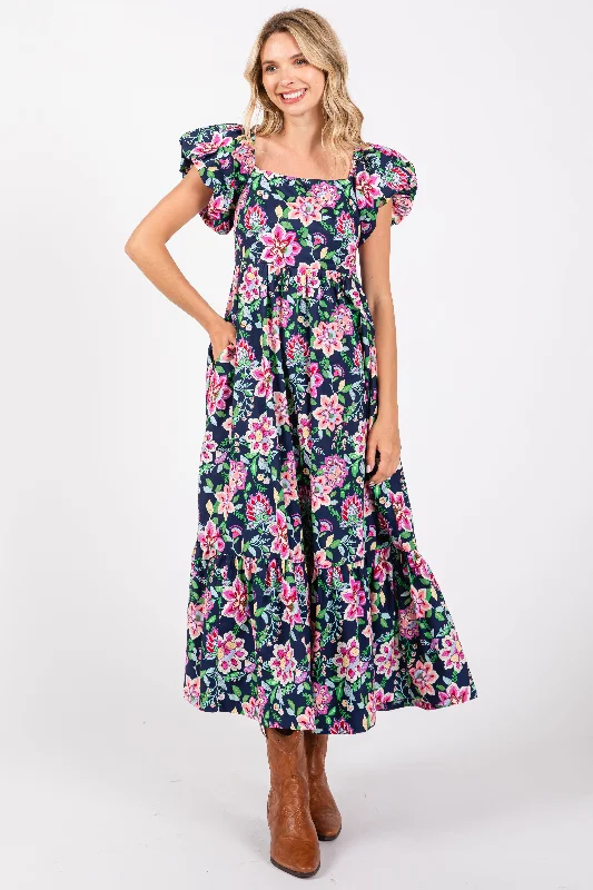 Navy Blue Floral Square Neck Puffy Sleeves Dress Tunics Denim casual