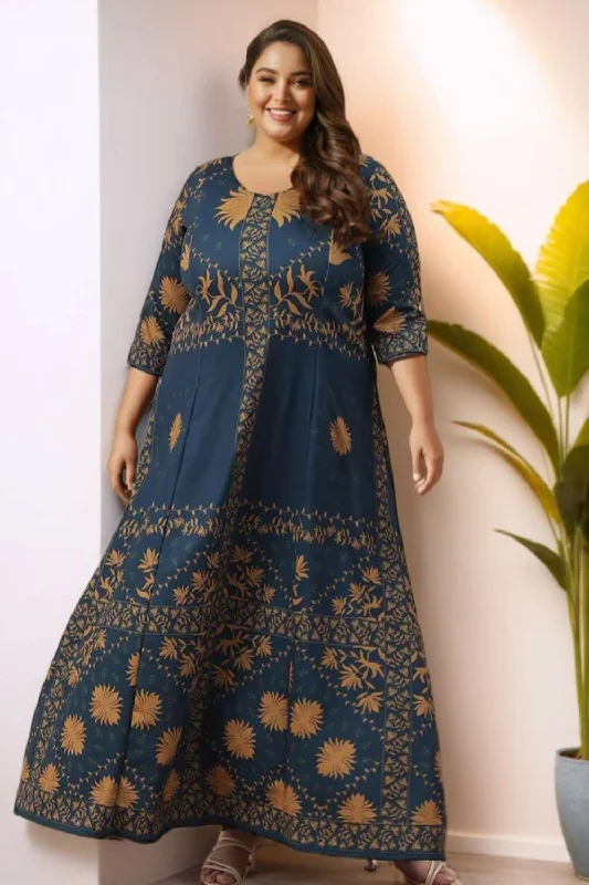 Teal Mustard Ornate Printed Long Dress Tunics Hiking breathable