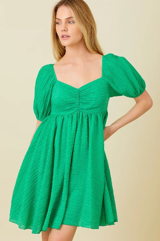Green Textured Puff Sleeve Sweetheart Neckline Dress Tunics Lace romantic